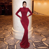 Ahagaga 欧美设计感气质褶皱显身材连衣裙辣妹包臀气质垫肩长裙女