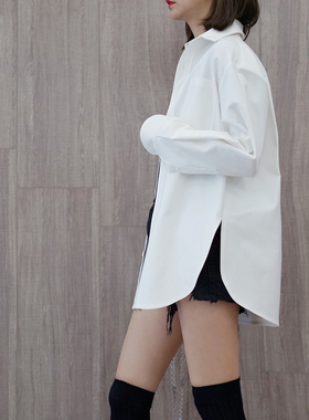 Uone定制秋装女白色衬衫女设计感小众加厚开叉白衬衣宽松长袖上衣