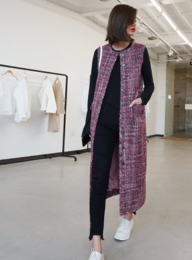 Uone定制2019新彩色编织粗花呢时髦法式优雅小香风马甲长款女显瘦