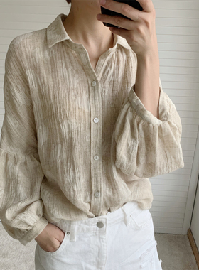 UONE定制夏法式复古泡泡袖衬衫女设计感双层麻纱八分袖小众衬衣女