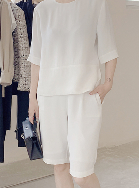 UONE手工定制白色真丝上衣短裤2022新款薄夏新女休闲套装通勤中裤