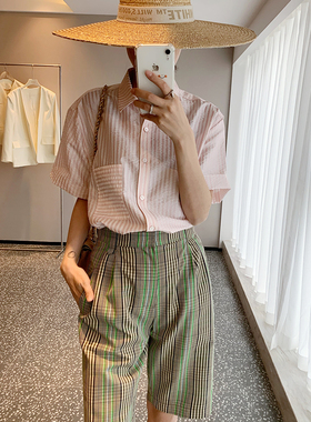 UONE手工定制2021春新款显瘦女装裤子设计感绿色格纹百慕大短裤