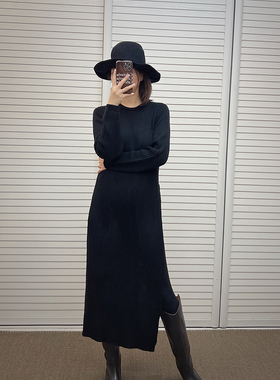 UONE手工定制针织紧身侧开衩连衣裙黑色修身onepice全羊毛衣春