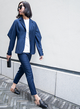 Uone定制藏蓝色羊毛西服套装女时尚气质休闲直筒长裤小西装两件套