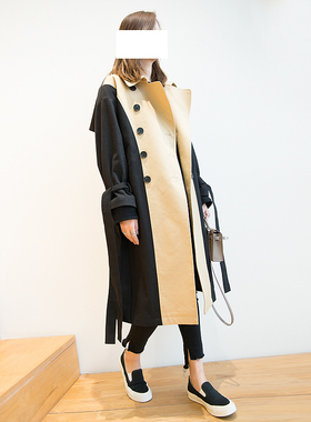 UONE定制纯棉外套女春秋休闲中长款卡其色拼黑色腰带款宽松风衣女