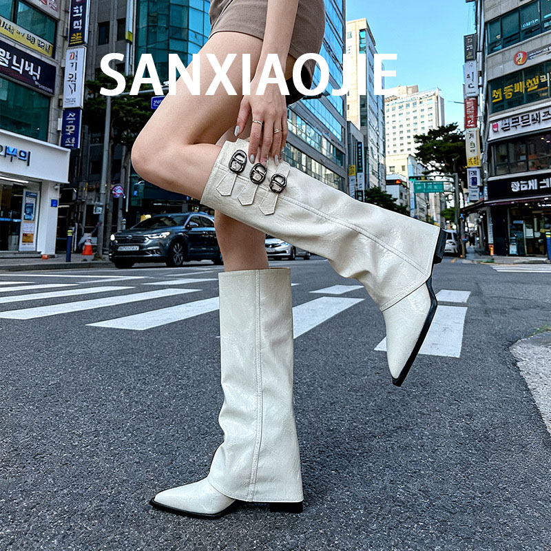 2025秋冬新款尖头增高裤管靴女皮带扣不过膝长筒靴坡跟骑士靴子