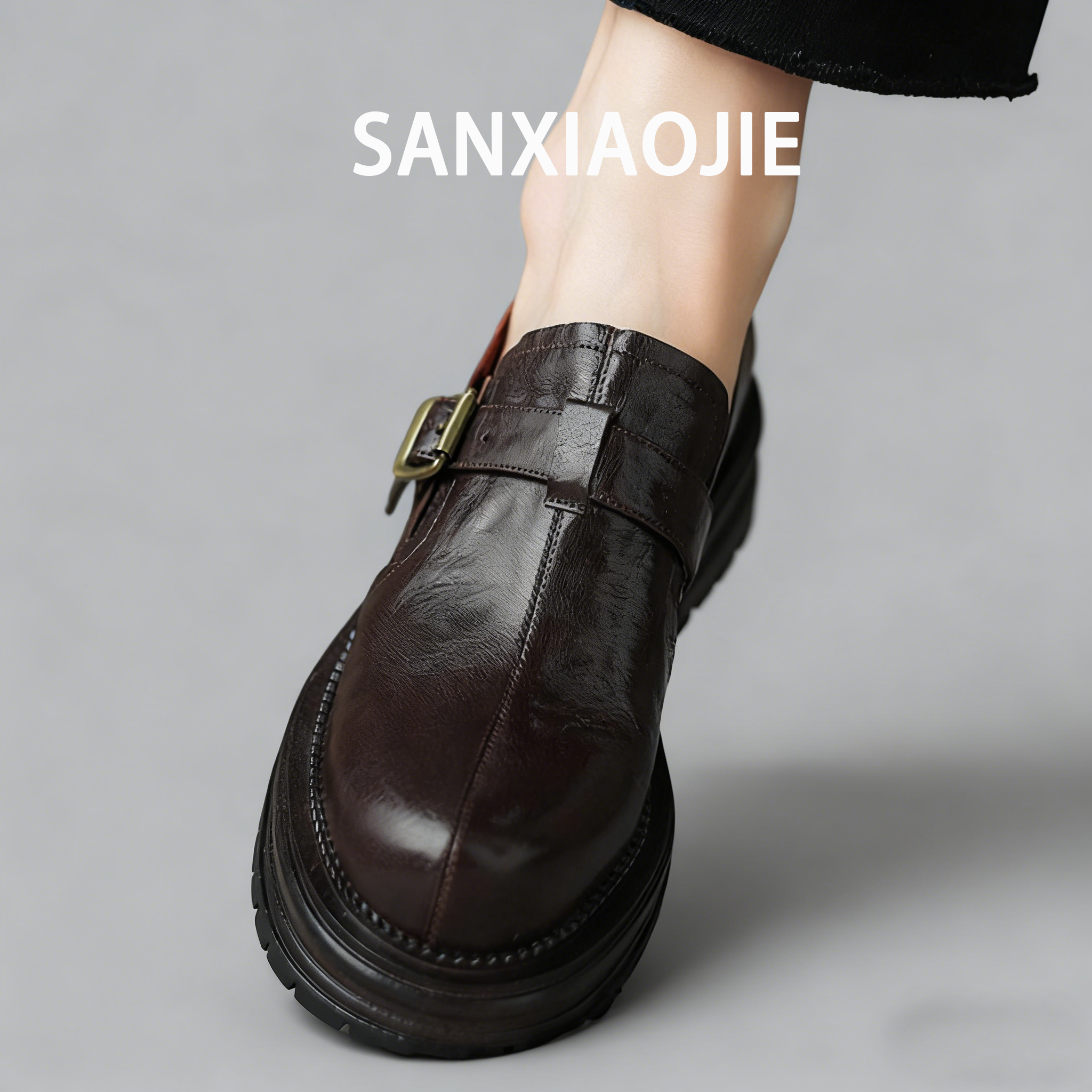 新款单鞋女春秋英伦风复古百搭小皮鞋厚底一脚蹬乐福鞋低帮方扣