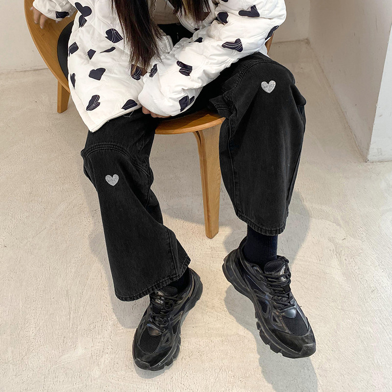高腰春秋爱心潮ins高街直筒宽松裤子chic港味赛小懒黑色牛仔裤女