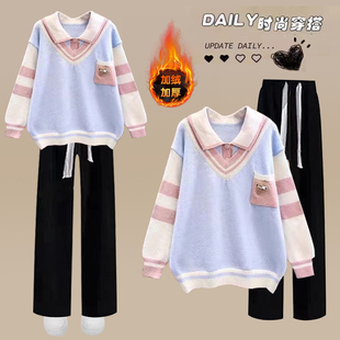15岁初中生秋冬新款女12少女大童宽松毛衣搭配加绒休闲裤学生套装