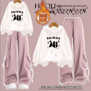 青少年女装学生初中生搭配套装秋冬季女装加绒加厚连帽卫衣工装裤