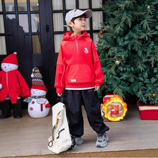 男童套装新款冬款儿童加绒连帽卫衣中大童男孩潮酷帅气上衣潮流