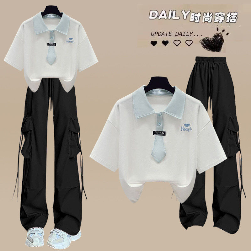 夏季女童学院风POLO领工装裤套装
