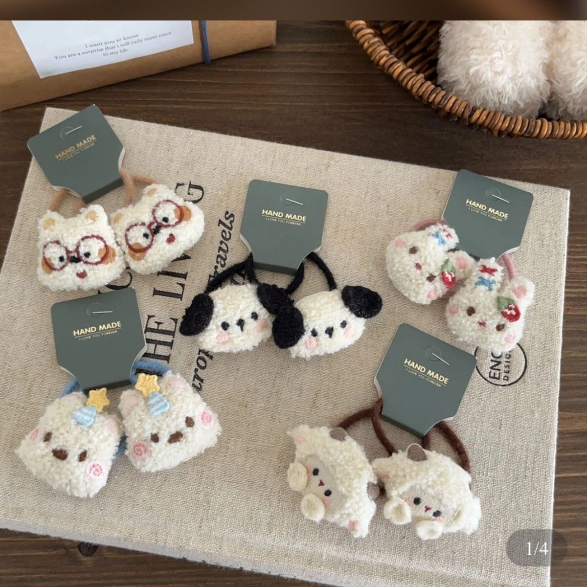 1对装 刺绣羊羔毛小狗猫咪发圈发绳可爱儿童毛绒扎发皮筋头绳发饰