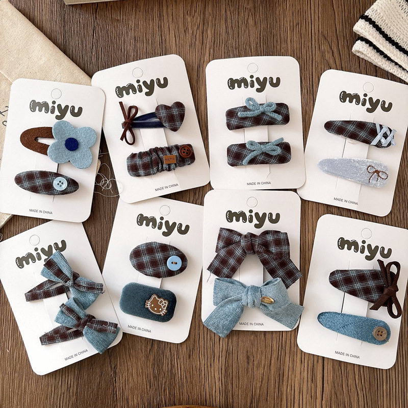 新款秋冬韩版甜美蓝色格子蝴蝶结发夹刘海bb夹女孩复古发卡发饰