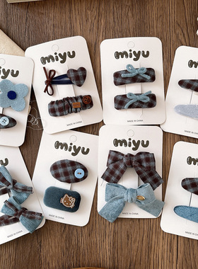 新款秋冬韩版甜美蓝色格子蝴蝶结发夹刘海bb夹女孩复古发卡发饰