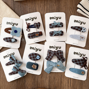 新款秋冬韩版甜美蓝色格子蝴蝶结发夹刘海bb夹女孩复古发卡发饰