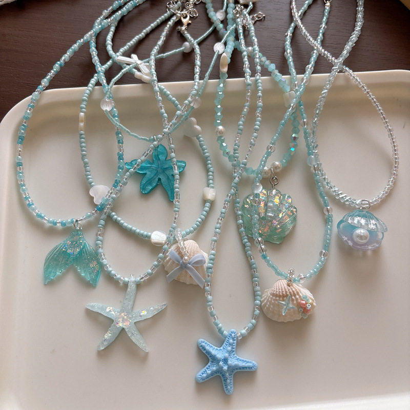 蓝色海洋风海星贝壳锁骨链