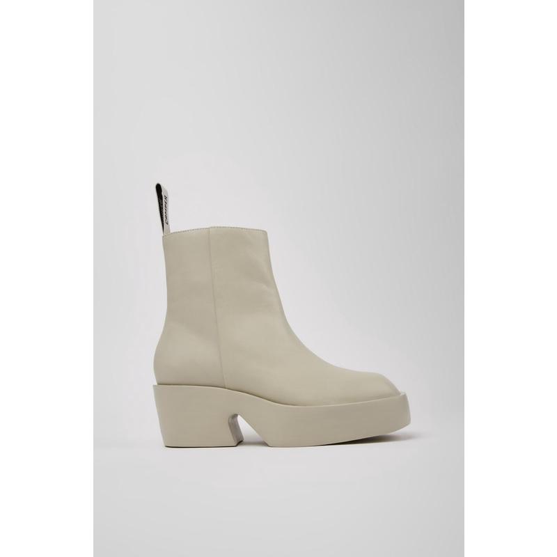 代购Camper女士中筒靴透气吸汗软底轻便灰色牛皮圆头粗跟