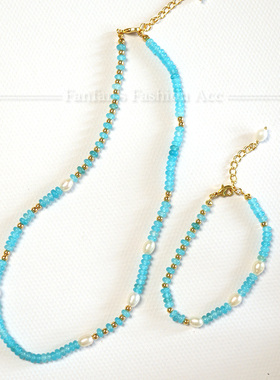 新中式湖蓝色天然石串珠项链珍珠点缀设计感锁骨链春夏度假手链女