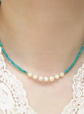 新中式绿松石珍珠项链串珠手作锁骨链国风夏日清凉薄荷曼波手链女