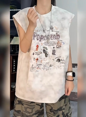 大码300斤美式涂鸦风背心男夏季宽松圆领字母印花汗背心少年感潮