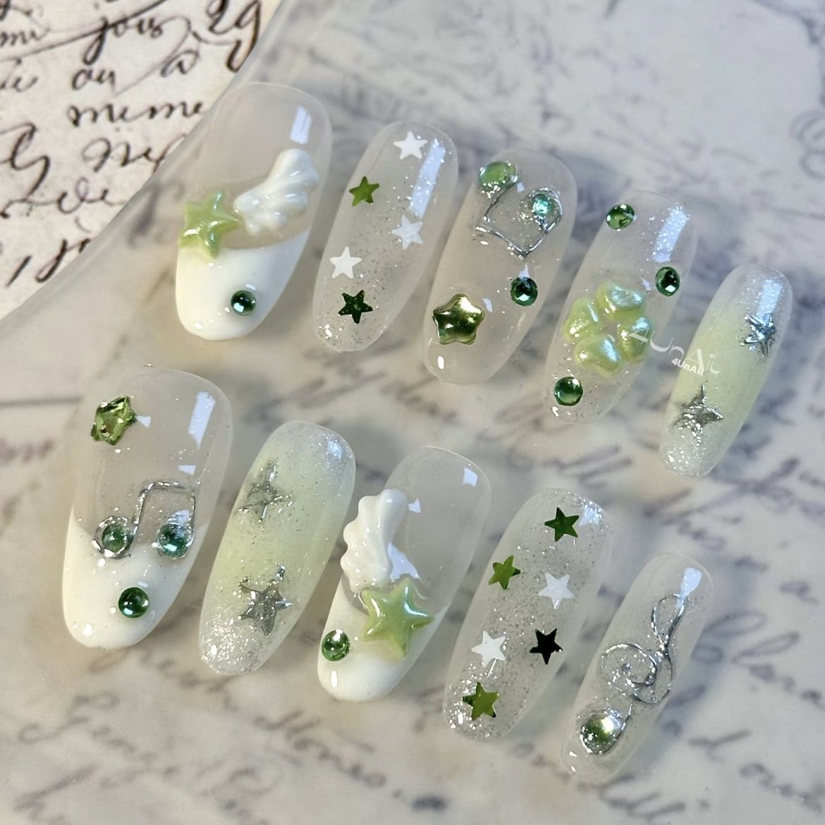 纯手工定制穿戴甲四叶草小清新音符夏日美甲长款短款可拆卸假指甲