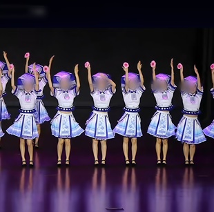 民族壮族《山歌山妹嗨起来》女子群舞定制蓝色渐变百褶裙舞台装