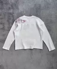 European and American Style Blossom Plum Blossom Embroidery T-Shirt for Men, Loose Casual White Round Neck Long Sleeve Top