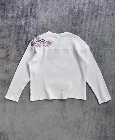 European and American Style Blossom Plum Blossom Embroidery T-Shirt for Men, Loose Casual White Round Neck Long Sleeve Top