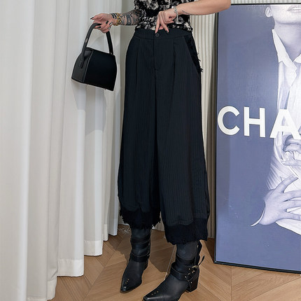 Dan Dan 黑色花边拼接阔腿裤女 时尚潮流八分裤