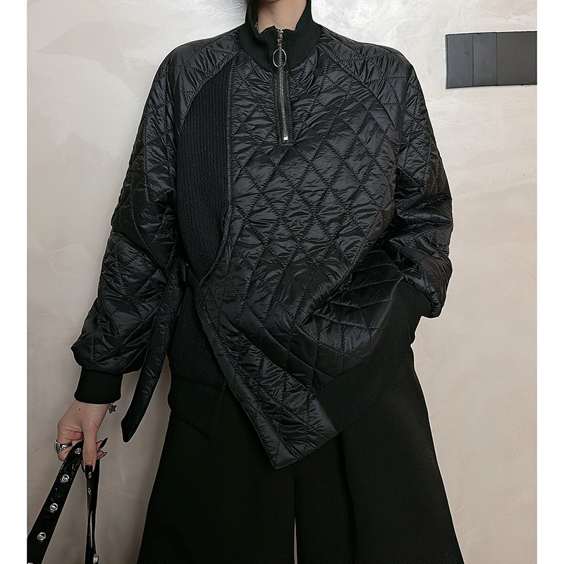 Dan Dan 暗黑风拉链加厚夹棉套头卫衣女 设计感小众菱格棉衣外套