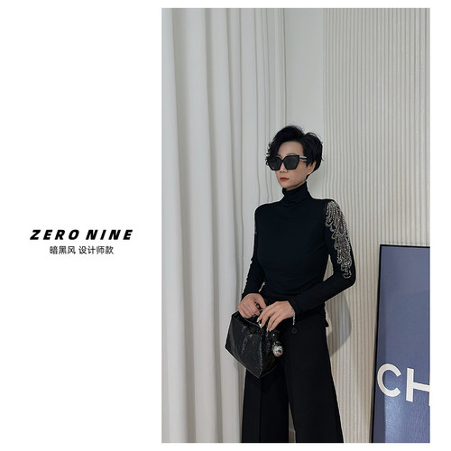 Dan Dan 暗黑风欧货高领手臂镶钻打底衫女 修身高级感黑色上衣