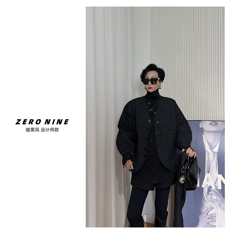 Dan Dan 黑色菱格纹棉服女 宽松立领单排扣保暖外套通勤风