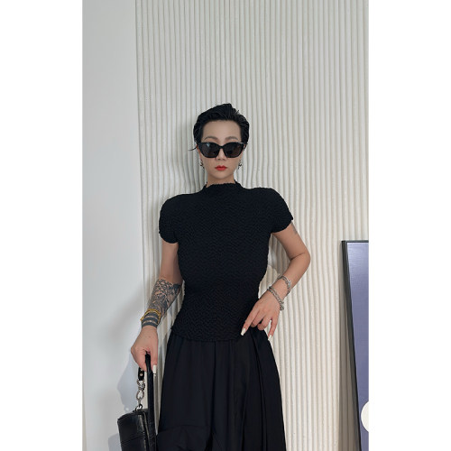 Dan Dan 黑色三宅压褶短袖上衣女 时尚高级感夏季薄款T恤