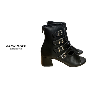 黑色夏季 单鞋 时尚 皮扣设计感时装 短靴 露趾靴子女 Dan