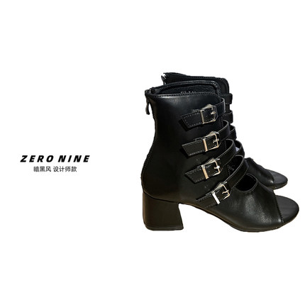 Dan Dan 黑色夏季时尚露趾靴子女 皮扣设计感时装单鞋短靴