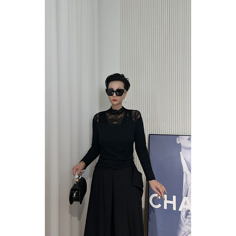 Dan Dan 黑色拉毛拼接设计感小众上衣女  针织衫