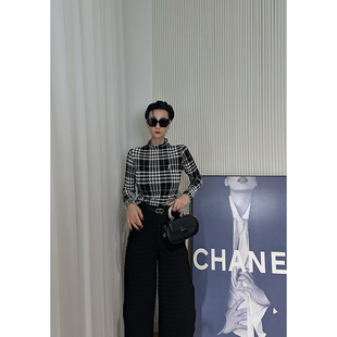 复古风长袖 女 丝绒上衣 千鸟格系带收腰显瘦打底衫 Dan