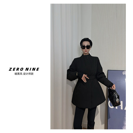 Dan Dan 暗黑风黑色羽绒服女 中长款立领收腰通勤外套设计师款