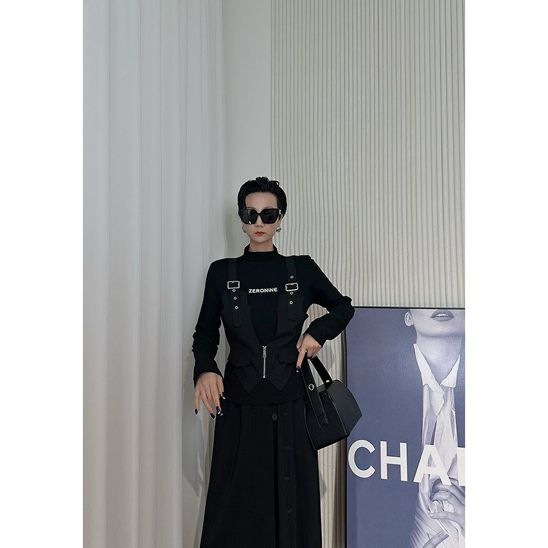 Dan Dan 黑色拼接假两件长袖T恤女 自家logo长袖字母印花打底衫