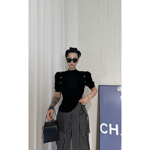 丝绒短袖 薄款 T恤女 黑色半高领夏季 Dan