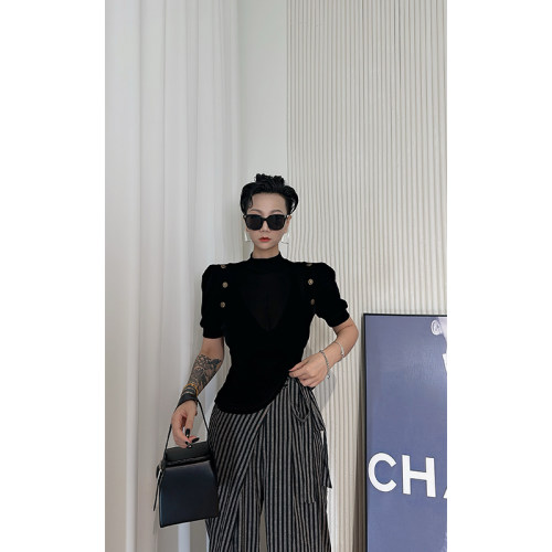 Dan Dan 黑色半高领夏季薄款丝绒短袖T恤女