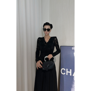 植绒提花上衣女 显身材V领长袖 Dan 黑色高级感法式