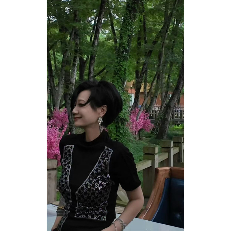 Dan Dan 黑色镶钻短袖欧货T恤女  夏季新款设计感假两件上衣