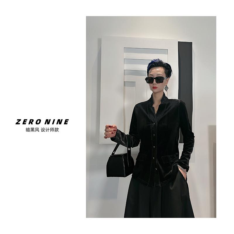 Dan Dan 黑色金丝绒V领长袖衬衫女 春秋高级感新款衬衣