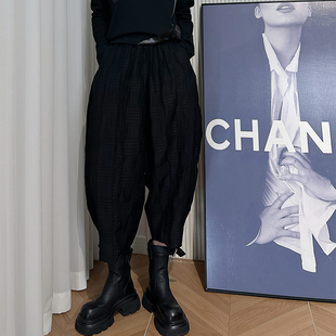 褶皱面料裤 女 子 山本风黑色松紧腰阔哈伦裤 Dan