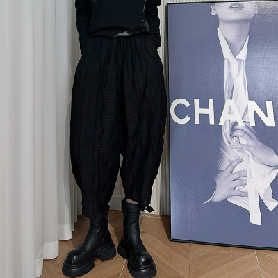 Dan Dan 山本风黑色松紧腰阔哈伦裤女 褶皱面料裤子