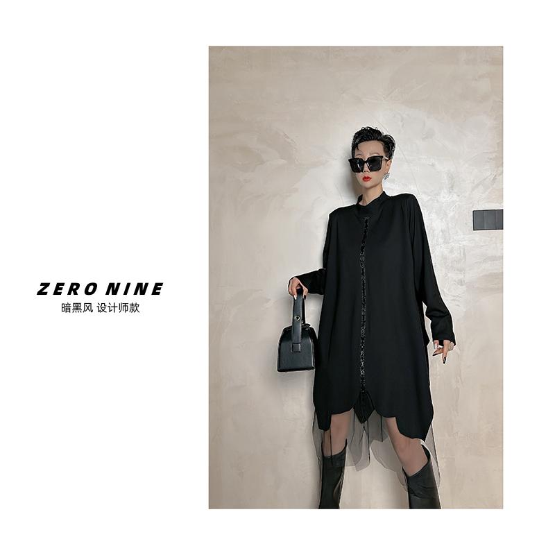 Dan Dan 黑色下摆拼网纱长袖连衣裙女