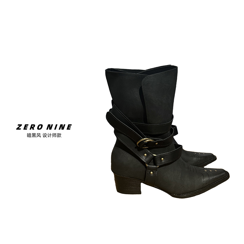 Dan Dan 黑色西部牛仔尖头靴女