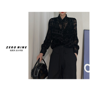 女 衬衫 翻领显贵气质上衣 黑色老钱风腰果花长袖 Dan